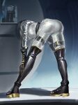  1girl belt bent_over black_belt black_boots black_gloves blue_background bodysuit boots commentary elbow_gloves full_body gloves grey_bodysuit helmet highres long_sleeves margeeee photo-referenced solo space_helmet standing thigh_boots wire 