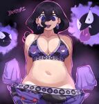  1girl 2others :3 @_@ absurdres black_hair boxers bra breasts character_print eyelashes fangs gastly gengar hex_maniac_(pokemon) hex_maniac_(pokemon_legends:_z-a) highres large_breasts long_tongue looking_at_viewer male_underwear male_underwear_pull multiple_others navel poke_ball_print pokemon pokemon_(creature) pokemon_legends:_z-a print_bra purple_eyes stomach tongue underwear yamouri 