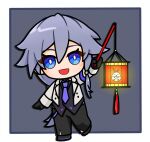  1girl absurdres black_gloves black_pants black_shirt blue_eyes chinese_commentary commentary_request fu_hua full_body gloves grey_hair highres holding holding_lantern honkai_(series) honkai_impact_3rd jacket lantern nanguatudou_dunpaigu necktie open_mouth pants purple_necktie shirt smile solo white_jacket 