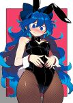  1girl absurdres alternate_costume animal_ear_hairband animal_ears black_hairband black_leotard blue_bow blue_eyes blue_hair bollzzalguy border bow breasts brown_pantyhose closed_mouth commentary_request cowboy_shot detached_collar embarrassed fake_animal_ears fishnet_pantyhose fishnets hair_bow hairband highres leotard long_hair looking_at_viewer outside_border pantyhose playboy_bunny rabbit_ear_hairband rabbit_ears rabbit_tail small_breasts solo strapless strapless_leotard sweat tail touhou very_long_hair wavy_mouth white_border white_wrist_cuffs wrist_cuffs yorigami_shion 