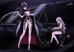  2girls azur_lane black_cape black_hair black_nails breasts butterfly_hair_ornament cape chronopattern_dress dunkerque_(azur_lane) grand_piano grey_hair hair_ornament high_heels highres impossible_clothes impossible_leotard instrument large_breasts leotard long_hair mixed-language_commentary multiple_girls musical_note nipples orange_eyes piano playing_instrument playing_piano ppshex purple_eyes purple_hair pussy pussy_juice red_nails skin_tight strasbourg_(azur_lane) violin 