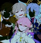  1girl 3boys arm_around_neck arm_strap armor artist_name black_background black_choker black_gloves black_hair black_jacket black_shirt blue_eyes blue_hair blue_jacket bow breasts buttons caelus_(honkai:_star_rail) chinese_clothes choker clenched_hand closed_mouth collarbone collared_shirt constellation_print crossed_arms dan_heng_(honkai:_star_rail) dan_heng_(hunt)_(honkai:_star_rail) dark_persona earrings empty_eyes eyeliner face_in_shadow feathered_wings fingerless_gloves flower flower_ornament gloves gold_earrings gold_ring grey_hair hair_between_eyes halo halo_behind_head hands_on_own_face hands_up head_wings highres honkai:_star_rail honkai_(series) hood hooded_jacket jacket jewelry long_sleeves looking_afar looking_at_another looking_up makeup march_7th_(honkai:_star_rail) march_7th_(preservation)_(honkai:_star_rail) medium_breasts multiple_boys open_clothes open_jacket open_mouth partially_fingerless_gloves pink_hair puffy_long_sleeves puffy_sleeves purple_shirt red_eyeliner red_eyes sakae_0_0 scarf shirt short_hair shoulder_armor sidelocks simple_background single_glove smile sunday_(honkai:_star_rail) t-shirt trailblazer_(honkai:_star_rail) turtleneck turtleneck_shirt two-sided_fabric two-sided_jacket upper_body v-shaped_eyebrows white_bow white_flower white_jacket white_scarf white_shirt wings yellow_eyes yellow_jacket 