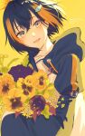 1girl :d arm_belt artist_name assari_gyoniso backlighting black_hair black_jacket blonde_streaks blue_eyes commentary crossed_bangs english_commentary fish_hair_ornament flower flower_request folded_ponytail hair_between_eyes hair_ornament highres holding holding_flower hood hooded_jacket jacket light_blush long_sleeves looking_at_another multicolored_hair nijisanji nijisanji_en oncidium open_mouth orchid pansy petra_gurin petra_gurin_(1st_costume) purple_flower school_uniform serafuku short_hair sleeves_past_fingers sleeves_past_wrists smile solo streaked_hair two-tone_hair upper_body virtual_youtuber warm_colors white_jacket yellow_background yellow_flower yellow_pansy 