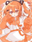  1girl @_@ a.i._voice adachi_rei alternate_costume apron ganbaritaina_07 highres jacket jersey_maid long_sleeves looking_at_viewer maid one_side_up orange_eyes orange_hair orange_jacket sleeves_past_fingers sleeves_past_wrists solo sweat unconventional_maid utau white_apron 