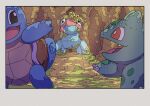  absurdres black_eyes border bulbasaur chasing fang flower highres moss no_humans onamuzi_illust open_mouth overgrown pokemon pokemon_(creature) pokemon_focus porygon red_eyes squirtle white_border yellow_flower 