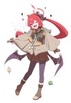  1girl absurdres alternate_costume blue_archive boots brown_boots brown_gloves brown_poncho brown_scarf brown_skirt commentary_request demon_girl demon_horns earmuffs fang fingerless_gloves full_body glint gloves green_scarf halo heart highres horn_cover horns jinrou_mangfu junko_(blue_archive) leggings long_hair looking_at_viewer multicolored_scarf one_eye_closed open_mouth purple_eyes purple_leggings red_hair red_halo scarf simple_background single_fingerless_glove skin_fang skirt slit_pupils smile solo standing twintails white_background wing_covers wing_ornament winter_clothes yellow_scarf 