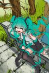 1girl :d ^_^ aqua_hair aqua_necktie beabo black_skirt black_sleeves black_thighhighs brick_floor closed_eyes commentary_request day detached_sleeves full_body grass happy hatsune_miku highres korean_commentary long_hair long_sleeves miku_day miniskirt mixed-language_commentary necktie on_wall open_mouth outdoors partial_commentary shirt sitting sketch skirt sleeveless sleeveless_shirt smile solo thighhighs tree twintails unfinished very_long_hair vocaloid white_shirt zettai_ryouiki 