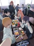  2girls 4boys angel_devil_(chainsaw_man) bag bento black_hair black_shirt black_skirt blonde_hair bottle chainsaw_man chicken_(food) chopsticks classroom cucumber demon denji_(chainsaw_man) deviled_egg duplicate eating feathered_wings food gakuran green_eyes grey_hoodie group_picture halo hayakawa_aki highres holding holding_chopsticks holding_phone hood hoodie horns multiple_boys multiple_girls phone pink_hair plague_doctor_mask power_(chainsaw_man) purple_hair red_hair red_horns reze_(chainsaw_man) rice s000pkm school_bag school_uniform shirt skirt third-party_source topknot v violence_fiend_(chainsaw_man) water_bottle white_shirt wings 