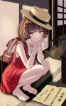  1girl bare_shoulders barefoot blush brown_eyes brown_hair closed_mouth dress feet file112056 full_body grow_up_show:_himawari_no_circus-dan hat highres looking_at_viewer red_dress short_hair sitting sleeveless solo toenails toes tsurumaki_mizuka 