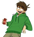  1boy :d adxrn antenna_hair artist_name black_eyes brown_hair brown_pants can cola commentary drawstring drink drink_can edd_(eddsworld) eddsworld english_commentary green_hoodie highres holding holding_can holding_drink hood hood_down hoodie leaning_back long_sleeves looking_to_the_side male_focus open_mouth pants raised_eyebrow shirt short_hair simple_background sketch smile smug solo swept_bangs toon_(style) white_background white_shirt 