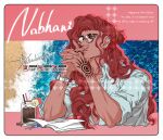  1boy border bracelet character_name contemporary cup food fruit glasses hand_tattoo jewelry lime_(fruit) lime_slice looking_ahead male_focus nabhani_(sultan's_game) paper parted_lips red_hair sashiyu shirt solo sultan's_game tattoo watch white_border white_shirt wristwatch 