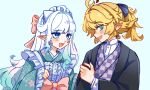  2girls @_@ absurdres ahoge blonde_hair blue_eyes blunt_bangs blush bow commentary dokibird english_commentary fang frills gads_koookwee green_eyes highres indie_virtual_youtuber long_hair maid maid_headdress mint_fantome multiple_girls open_mouth pointy_ears ponytail simple_background skin_fang tongue virtual_youtuber white_background white_hair 