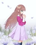  1girl brown_hair butterfly_hair_ornament closed_mouth commentary_request falling_petals flower from_side green_eyes hair_ornament interlocked_fingers iris.exe_(mega_man) korean_commentary long_hair long_skirt looking_down mega_man_(series) mega_man_battle_network_(series) mega_man_battle_network_6 own_hands_clasped own_hands_together petals pink_shirt puffy_sleeves purple_flower purple_skirt shirt skirt solo tango_dream white_background 