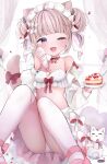  1girl absurdres animal_ears bare_shoulders bell bikini blonde_hair blush bow bowtie breasts cake cake_slice cat cat_ears cat_girl cat_tail cleavage collarbone cream cream_on_body cream_on_breasts cream_on_leg curtains detached_sleeves double_bun fang flower food frilled_bikini frills fruit glass_jar hair_bow hair_bun hair_ornament hairclip heart heart-shaped_pillow highres jar jingle_bell light_blush maid_headdress midriff neck_bell nocchi_(r_ws2l) one_eye_closed original panties pantyshot pastry_bag pillow pink_skirt puffy_detached_sleeves puffy_sleeves red_bow red_bowtie skirt small_breasts solo strawberry strawberry_cake swimsuit tail tail_bow tail_ornament thighhighs underwear upskirt white_bow white_cat white_panties white_skirt white_thighhighs window 
