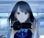  1girl arimura_hajime black_hair camcorder camera classroom closed_mouth collared_shirt commentary_request finder-goshi_no_ano_ko floating_hair hands_up holding holding_camera indoors kabocha_(kabocha0726) looking_at_another official_art school_uniform shirt solo upper_body video_camera window wing_collar 