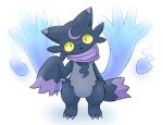  1other benomite black_fur blue_fire chibikemo colored_sclera commentary_request crescent crescent_facial_mark facial_mark fire furry korean_commentary looking_at_viewer other_focus pal_(creature) palworld purple_fur simple_background slit_pupils solo two-tone_fur white_background wispaw yellow_sclera 