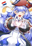  1girl blue_eyes blue_hair cross-shaped_pupils dutch_flag fang gloves hands_up hat heart heart_hands highres kokkimusume netherlands_(ppfjvdjudk54073) one_eye_closed open_mouth personification pirate_hat red_hat solo sora_oubaitori symbol-shaped_pupils watermark white_gloves x_x 