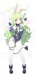  1girl alternate_costume animal_ears armband black_leotard blue_archive blue_armband boots breasts chest_strap commentary_request demon_tail detached_collar gloves green_hair green_halo grey_hair halo head_tilt highleg highleg_leotard highres hikari_(blue_archive) kemonomimi_mode keyring korean_commentary leotard light_blush light_frown looking_at_viewer moyashi_dorobou necktie pantyhose playboy_bunny pointy_ears pom_pom_footwear rabbit_ears rabbit_girl rabbit_pose sidelocks small_breasts strapless strapless_leotard tail tail_around_own_leg wavy_hair white_gloves white_pantyhose wrist_cuffs yellow_eyes zoom_layer 