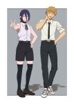  1boy 1girl belt black_belt black_necktie black_pants black_shorts black_socks blonde_hair brown_belt brown_shoes chainsaw_man commentary_request denji_(chainsaw_man) dress_shirt green_eyes hair_bun hand_on_own_hip highres kneehighs loafers messy_hair necktie pants purple_hair reze_(chainsaw_man) sameneko_dance scratching_neck shirt shoes shorts sleeveless sleeveless_shirt sneakers socks v white_shirt white_shoes 