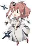  1girl aircraft airplane anchor_ornament black_gloves breast_pocket breasts brown_hair chibi commentary_request dress fingerless_gloves full_body gloves grey_dress highres kantai_collection large_breasts matsuura@parao one_side_up pocket ponytail saratoga_(kancolle) saratoga_mk_ii_(kancolle) simple_background single_glove smile smokestack_hair_ornament solo white_background |_| 