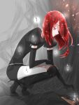  1other androgynous black_boots black_gloves black_necktie black_shorts boots broken cave cinnabar_(houseki_no_kuni) collared_shirt colored_eyelashes commentary crystal_hair easty elbow_gloves from_side full_body gem_uniform_(houseki_no_kuni) gloves glowing hair_between_eyes half-closed_eyes high_collar high_heel_boots high_heels highres houseki_no_kuni indoors long_hair long_hair_between_eyes mercury_(element) necktie other_focus puffy_short_sleeves puffy_sleeves red_eyes red_hair sad shirt short_hair short_shorts short_sleeves shorts solo sparkle squatting untranslatable_commentary white_shirt 