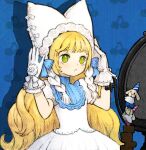  1girl baiguiyu blonde_hair blue_background bow braid commentary_request dress gloves green_eyes hat highres long_hair mirror musical_note original short_sleeves solo stuffed_animal stuffed_toy twin_braids very_long_hair white_dress white_gloves white_hair 