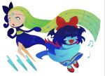  2girls aqua_(deltarune) aqua_dress aqua_skin blush_stickers bow colored_skin covered_eyes crossover deltarune dress east-west_crossover forehead_jewel green_hair hair_bow hair_wings head_bow highres kikoeruuu knife meloetta meloetta_(aria) multiple_girls musical_note pokemon red_bow simple_background utdr_(toby_fox) white_background 