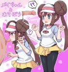  !? 1boy 1girl ? black_pantyhose blue_eyes breasts bright_pupils brown_hair censored clothed_female_nude_male commentary_request double_bun fellatio hair_bun hands_up hetero highres hypnosis kutabireta_neko long_hair mind_control mosaic_censoring multiple_views nude oral pantyhose penis pokemon pokemon_black_2_and_white_2 raglan_sleeves rosa_(pokemon) shirt shorts sidelocks speech_bubble spoken_interrobang swirl testicles three-quarter_sleeves twintails visor_cap white_pupils yellow_shorts 
