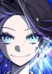  1girl absurdres black_hair blue_background blue_eyes blue_hair close-up closed_mouth commentary diffraction_spikes earrings eyelashes fangs fangs_out glint glowing highres indie_virtual_youtuber jewelry jpbgman korean_commentary long_hair looking_at_viewer mir_(alice427) multicolored_hair portrait purple_hair smile solo sparkle straight-on streaked_hair virtual_youtuber 