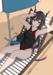  1girl absurdres alternate_costume arknights arknights:_endfield arm_behind_head beach_umbrella black_hair black_one-piece_swimsuit blue_eyes blush breasts chen_qianyu_(arknights) clothes_writing commentary day feet_out_of_frame food food_in_mouth highres horns long_hair looking_at_viewer melting_popsicle one-piece_swimsuit outdoors popsicle popsicle_in_mouth seashell shell signature small_breasts solo sweat swimsuit tail tama_es45_nyan trowel twintails umbrella 