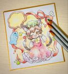  1girl :3 animal_ear_fluff animal_ear_piercing animal_ears art_tools_in_frame blush bow bowtie brown_eyes brown_hair cat_ears cat_tail chen commentary_request dress earrings fish frilled_dress frills green_hat hat heart highres hoop_earrings jewelry long_sleeves looking_at_viewer mob_cap molmaron multiple_tails nekomata one_eye_closed open_mouth photo_(medium) pinafore_dress red_dress shikishi shirt single_earring sleeveless sleeveless_dress smile solo tail touhou traditional_media two_tails white_shirt yellow_bow yellow_bowtie 