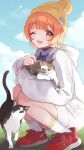  1girl :d ;d aircraft airplane animal beanie black_choker blue_ribbon blue_sky blush brown_eyes cat choker cloud commentary_request contrail day earrings grass hat highres holding holding_animal holding_cat hood hood_down hoodie jewelry kamogawa_akira long_sleeves neck_ribbon one_eye_closed orange_hair original outdoors pom_pom_(clothes) red_shoes ribbon shoelaces shoes short_hair shorts signature sky smile socks solo squatting white_hoodie white_shorts white_socks yellow_hat 