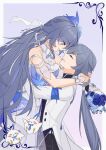  2girls absurdres blue_dress blue_flower blue_rose bouquet braid chinese_commentary commentary_request dress dual_persona flower fu_hua fu_hua_(cerulean_court) fu_hua_(night_squire) grey_hair highres honkai_(series) honkai_impact_3rd jacket jingwei_(bird) long_hair multiple_girls nanguatudou_dunpaigu rose selfcest very_long_hair white_jacket yuri 