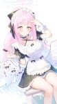  1girl absurdres apron arm_up black_dress blue_archive blue_hair blush breasts chair commentary_request cosmetics dress dutch_angle enmaided eshineko feathered_wings feet_out_of_frame frilled_apron frilled_dress frills gradient_hair halo hand_up highres holding holding_lipstick_tube large_breasts lipstick_tube long_hair looking_at_viewer low_wings maid maid_apron maid_headdress mika_(blue_archive) multicolored_hair on_chair parted_lips pink_hair pink_halo ponytail puffy_short_sleeves puffy_sleeves short_sleeves simple_background sitting solo white_apron white_background white_wings wings wrist_cuffs yellow_eyes 