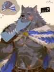  ... ...? 1boy ? abs absurdres animal_ears artist_name bara biceps black_fur blaidd_the_half-wolf blue_cape cape claws closed_mouth elden_ring english_commentary fur_cape furry furry_male grabbing_another's_arm hand_on_another's_chin headpat highres looking_to_the_side male_focus muscular muscular_male oravert69522 pectorals scar scar_on_cheek scar_on_face speech_bubble spoken_ellipsis spoken_question_mark thought_bubble twitter_username wolf_boy wolf_ears 