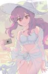  1girl atsuko_(blue_archive) atsuko_(swimsuit)_(blue_archive) bikini blue_archive bracelet breasts camera commentary_request frilled_bikini frills halo hat highres holding holding_camera jewelry long_hair navel noshima pendant purple_hair red_eyes smile sun_hat swimsuit white_bikini 