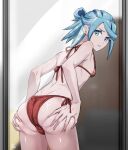  1boy androgynous ass ass_focus bikini blue_eyes blue_hair bulge commentary_request crossdressing crossdressing_(mtf) downblouse grabbing_own_ass grusha_(pokemon) highres looking_at_viewer male_focus min_(myna8247) mirror nipples parted_lips pokemon pokemon_scarlet_and_violet red_bikini short_hair side-tie_bikini_bottom signature solo swimsuit trap 