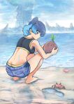  1girl barefoot beach blue_hair blue_shorts blue_sky body_markings breasts commentary_request crab crop_top day fiery_hair food footprints fruit glowing_lines glowing_markings highres holding holding_food holding_fruit horizon in-universe_location median_furrow nemimin outdoors sena_(xenoblade) shorts side_ponytail sky small_breasts solo squatting water wide-eyed xenoblade_chronicles_(series) xenoblade_chronicles_3 