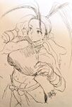  1girl abs antenna_hair baggy_pants bandages bandana bare_hips bare_shoulders black_hair blush breasts check_commentary clothing_cutout commentary_request fingerless_gloves gloves high_ponytail hip_vent holding ibuki_(street_fighter) leotard long_hair looking_to_the_side midriff misodiru muscular muscular_arms muscular_female navel ninja off_shoulder pants ponytail signature simple_background sketch sleeveless solo standing street_fighter street_fighter_iii_(series) sweat sweatdrop wrist_wrap 