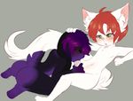 anthro black_fur blush butt canine claralaine cub duo eye_contact eyes_closed fluff_tail fox fur green_eyes hair hand_on_head lagomorph looking_pleasured lying male male/male mammal navel on_back open_mouth oral purple_fur rabbit raised_tail red_hair simple_background solo teenager white_fur young 