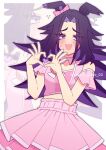  1girl animal_ears bare_shoulders black_hair blush bow breasts clothing_cutout commentary cropped_shirt ear_bow embarrassed fenomeno_(umamusume) flipped_hair flying_sweatdrops four-finger_heart_hands heart heart_hands highres horse_ears horse_girl horse_tail layered_skirt long_hair looking_at_viewer meni_shuki_rush-sshu! multicolored_hair open_mouth pink_bow pink_shirt pink_skirt purple_eyes purple_hair shirt shoulder_cutout skirt small_breasts smile sweatdrop tail umamusume untranslatable_commentary w3n6e zoom_layer 