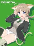  1girl absurdres animal_ears black_jacket blue_eyes braid brown_hair cat_ears cat_girl cat_tail green_necktie grey_background highres jacket long_hair looking_at_viewer lynette_bishop military_uniform necktie no_pants open_mouth panties r_dehido9630 shirt simple_background single_braid solo strike_witches striker_unit sweater tail underwear white_panties white_shirt world_witches_series 