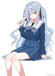  1girl absurdres bang_dream! bang_dream!_it's_mygo!!!!! blue_hair blue_shirt blue_skirt chain's commentary food highres holding holding_food holding_popsicle long_hair looking_at_viewer making-of_available plaid_clothes plaid_skirt popsicle school_uniform shirt sidelocks simple_background sitting skirt solo togawa_sakiko tongue tongue_out tsukinomori_school_uniform two_side_up white_background yellow_eyes 