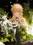  1girl absurdres audrey_hall blonde_hair earrings flower gem gloves green_eyes green_gem hair_bun highres holding holding_flower jewelry long_sleeves lord_of_the_mysteries shaoyun771 smile solo white_flower 