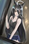  1girl absurdres ahoge animal_ears bare_arms bare_shoulders black_hair black_tank_top blue_shorts blush breasts ear_tag earrings hair_between_eyes highres horse_ears horse_girl jewelry long_bangs long_hair long_hair_between_eyes manhattan_cafe_(umamusume) miucv multicolored_hair parted_lips shorts single_earring small_breasts solo tank_top umamusume white_hair yellow_eyes 