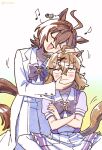  2girls agnes_tachyon_(umamusume) ahoge animal_ears blush bow bowtie braid breasts brown_hair chemical_structure closed_eyes closed_mouth coat commentary_request crossed_arms earrings hair_between_eyes hair_ornament hairclip half_up_half_down_braid hand_on_another's_chin hand_on_another's_head highres horse_ears horse_girl horse_tail jewelry jungle_pocket_(umamusume) korean_commentary lab_coat long_sleeves mazu1kan medium_hair multiple_girls musical_note notched_ear open_clothes open_coat open_mouth pleated_skirt puffy_short_sleeves puffy_sleeves purple_bow purple_bowtie purple_shirt sailor_collar sailor_shirt school_uniform shirt short_sleeves single_earring skirt smile summer_uniform tail thighhighs tracen_school_uniform umamusume white_sailor_collar white_skirt white_thighhighs yellow_eyes 