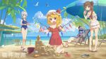  4girls banjie bare_shoulders barefoot bat_wings beach beach_umbrella bikini bikini_skirt bird blonde_hair blue_hair blue_one-piece_swimsuit blue_sky bow braid breasts brown_eyes brown_hair brown_sandals bucket chair chinese_commentary clam cleavage closed_mouth cloud commentary_request commission crab crossed_legs crystal crystal_wings day deck_chair drink drinking drinking_straw drinking_straw_in_mouth fang flandre_scarlet folding_chair green_bow grey_hair hair_bow hair_bun hat hat_bow highres holding holding_tray izayoi_sakuya kneeling leg_ribbon maid_headdress mob_cap multicolored_wings multiple_girls navel ocean one-piece_swimsuit one_eye_closed one_side_up open_mouth original outdoors pink_bikini pointy_ears red_bow red_eyes red_one-piece_swimsuit red_ribbon remilia_scarlet ribbon sand sand_castle sand_sculpture sandals seagull siblings sisters sitting skin_fang sky small_breasts stomach sunglasses swimsuit toes touhou tray tree trowel twin_braids umbrella white_bikini white_bird white_hat wings 