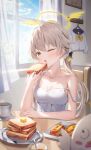  1girl absurdres arm_on_table armpit_crease blue_archive blurry blurry_foreground blush bread bread_slice breasts brown_hair butter cardigan cleavage coffee_mug collarbone cup curtains day dress eating elbow_on_table food hair_between_eyes hair_flaps hair_ornament halo hifumi_(blue_archive) highres holding holding_food indoors light_rays long_hair looking_at_viewer low_twintails medium_breasts morning mug one_eye_closed open_mouth peroro_(blue_archive) plate shuvi_(shuvi1125) sleepy sleeveless sleeveless_dress solo squeans strap_slip sunbeam sunlight toast twintails white_cardigan white_dress window wing_hair_ornament winged_halo yellow_eyes yellow_halo 