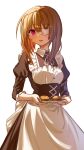  1girl :d alternate_costume apron brown_hair commentary cowboy_shot enmaided eyepatch food heaven_burns_red highres hiiragi_kozue holding holding_plate juliet_sleeves kr_woyue long_sleeves looking_at_viewer maid maid_apron medical_eyepatch medium_hair neck_ribbon one_eye_covered open_mouth plate puffy_sleeves purple_eyes ribbon simple_background smile solo untranslatable_commentary white_background white_ribbon 