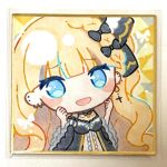  1girl :d arm_tattoo black_choker black_dress blonde_hair blue_eyes bow braid bug butterfly center_frills chibi choker cross cross_earrings dress earrings fishnet_sleeves fishnets frilled_choker frilled_dress frilled_sleeves frills gold_border hair_bow jewelry long_hair long_sleeves looking_at_viewer mahou_shoujo_no_majo_saiban mole mole_under_eye noa_rei open_mouth saeki_miria shikishi smile solo tattoo traditional_media upper_body white_butterfly wide_sleeves 